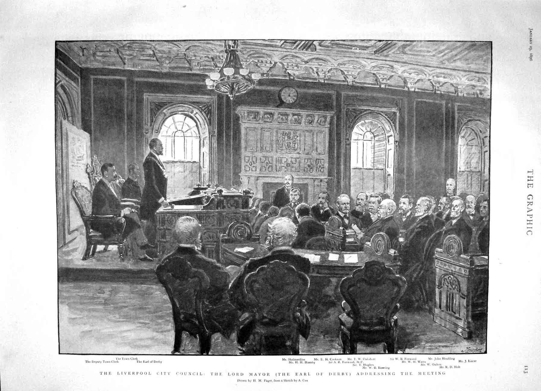 Old Antique Print 1896 Liverpool City Council Earl Derby Cookson Oakshot 19th