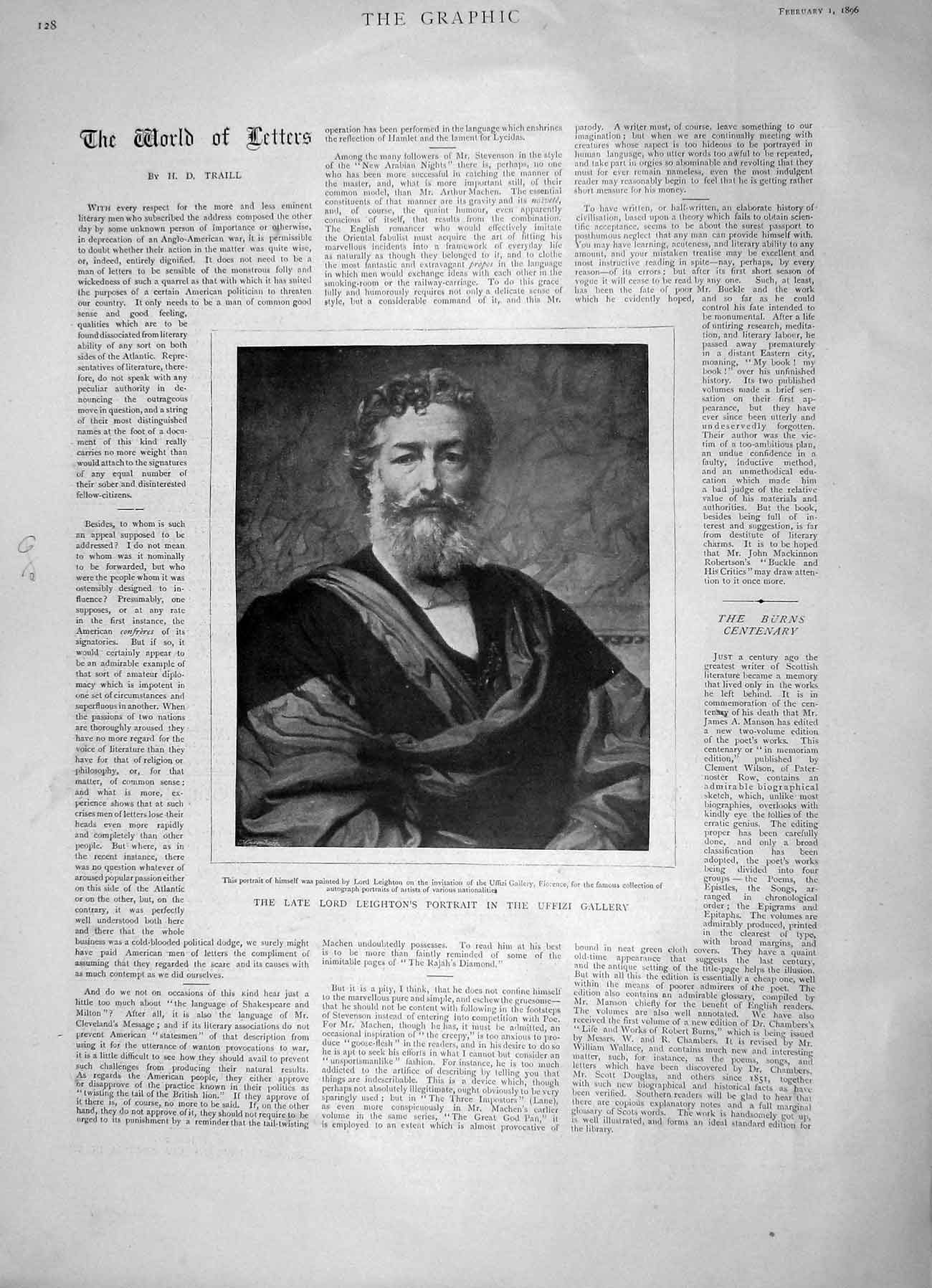 Original Old Antique Print 1896 Portrait Lord Leighton Uffizi Gallery Florence