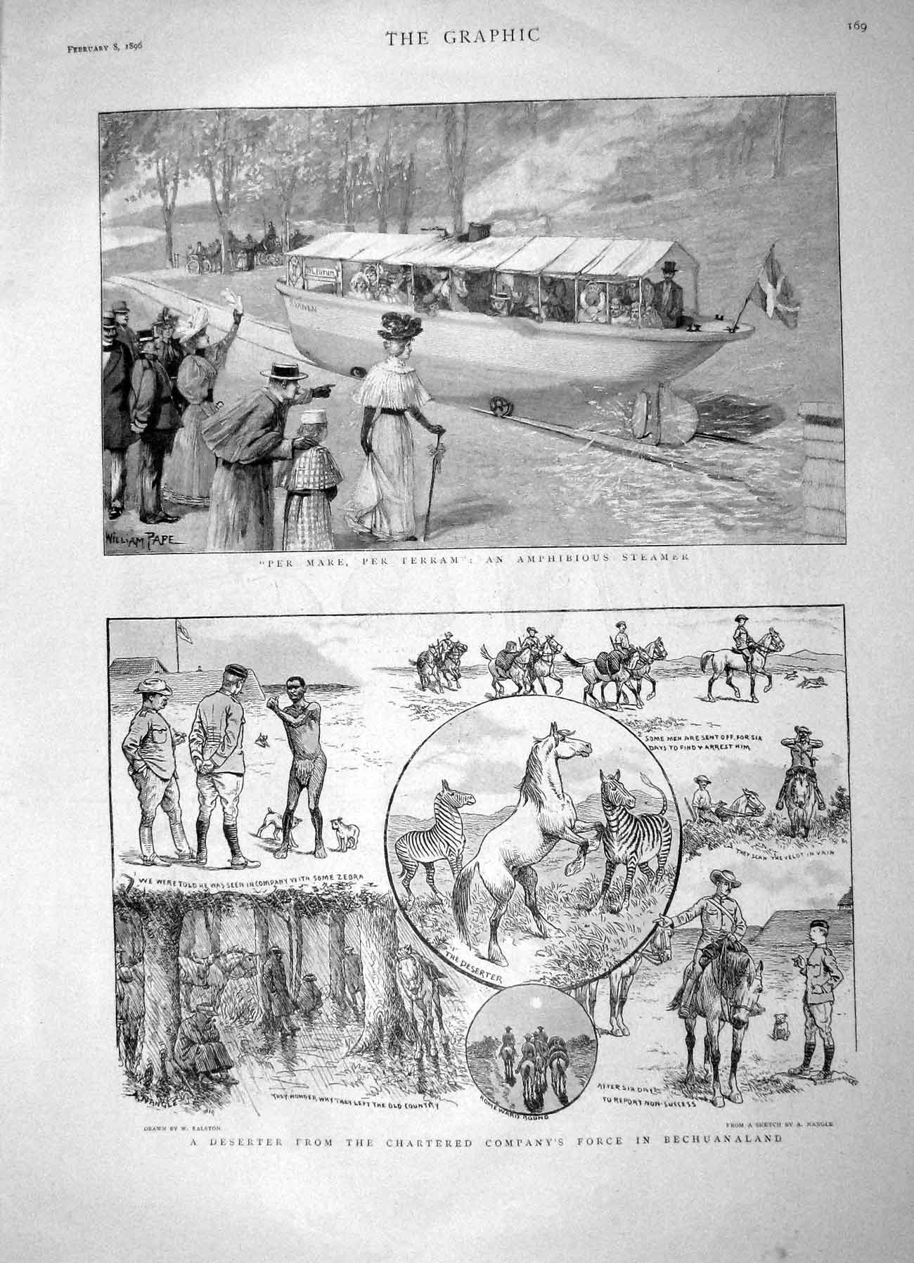 Original Old Antique Print 1896 Mare Terram Steamer Sier Deserter Bechuanaland