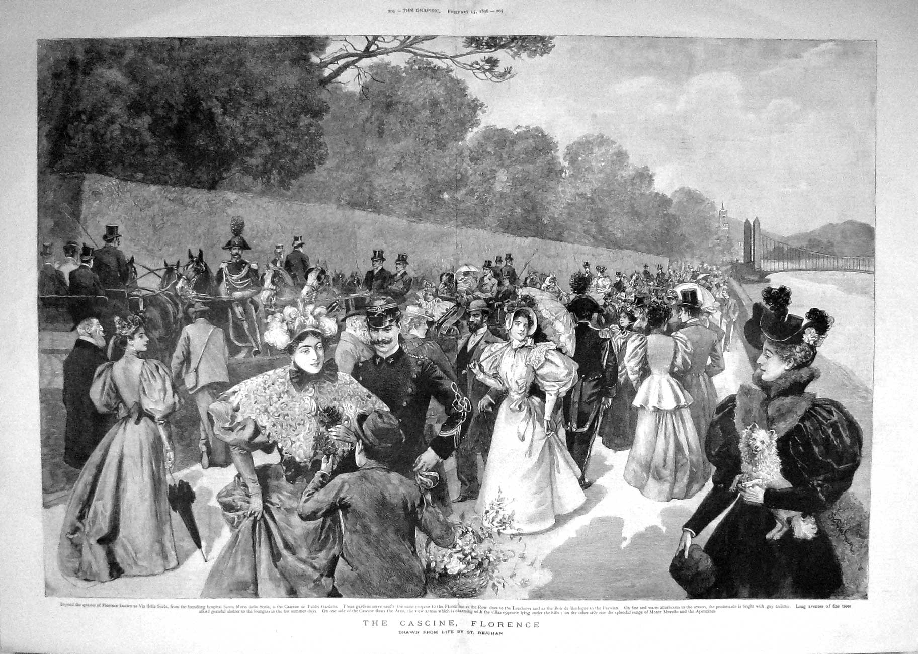 Original Old Antique Print 1896 Cascine Florence Public Gardens Flowers France