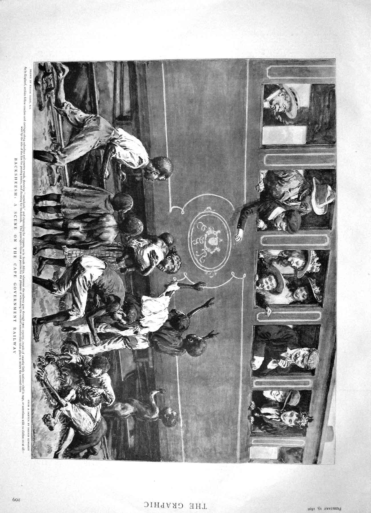 Original Old Antique Print 1896 Backsheesh Cape Government Railway Africa Train