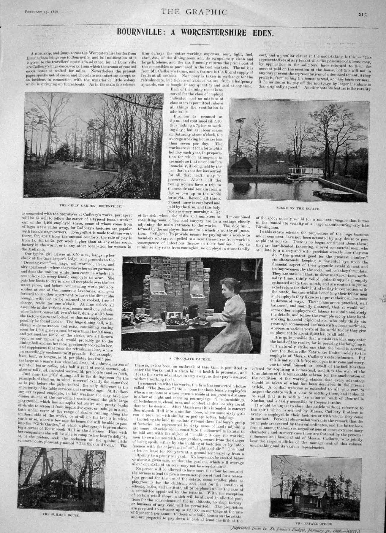 Original Old Antique Print 1896 Bournville Worcestershire Eden Chocolate Packer