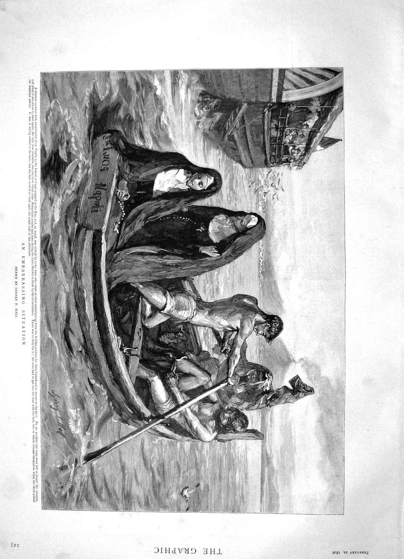 Original Old Antique Print 1896 Steamer Ship Excursion Naples Capri Nuns Boat
