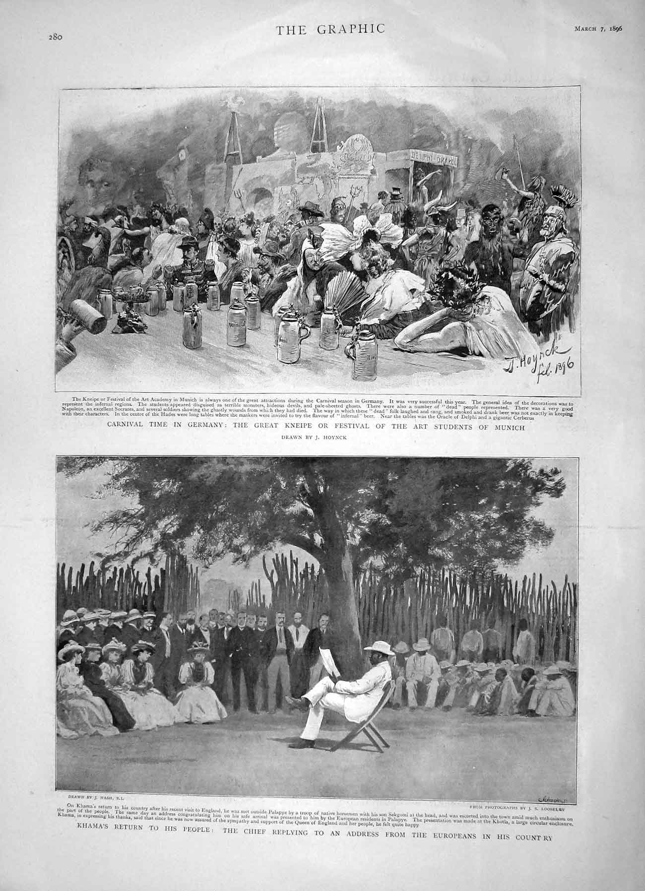 Old Antique Print 1896 Carnival Germany Kneipe Munich Khama Chief Palapye 19th