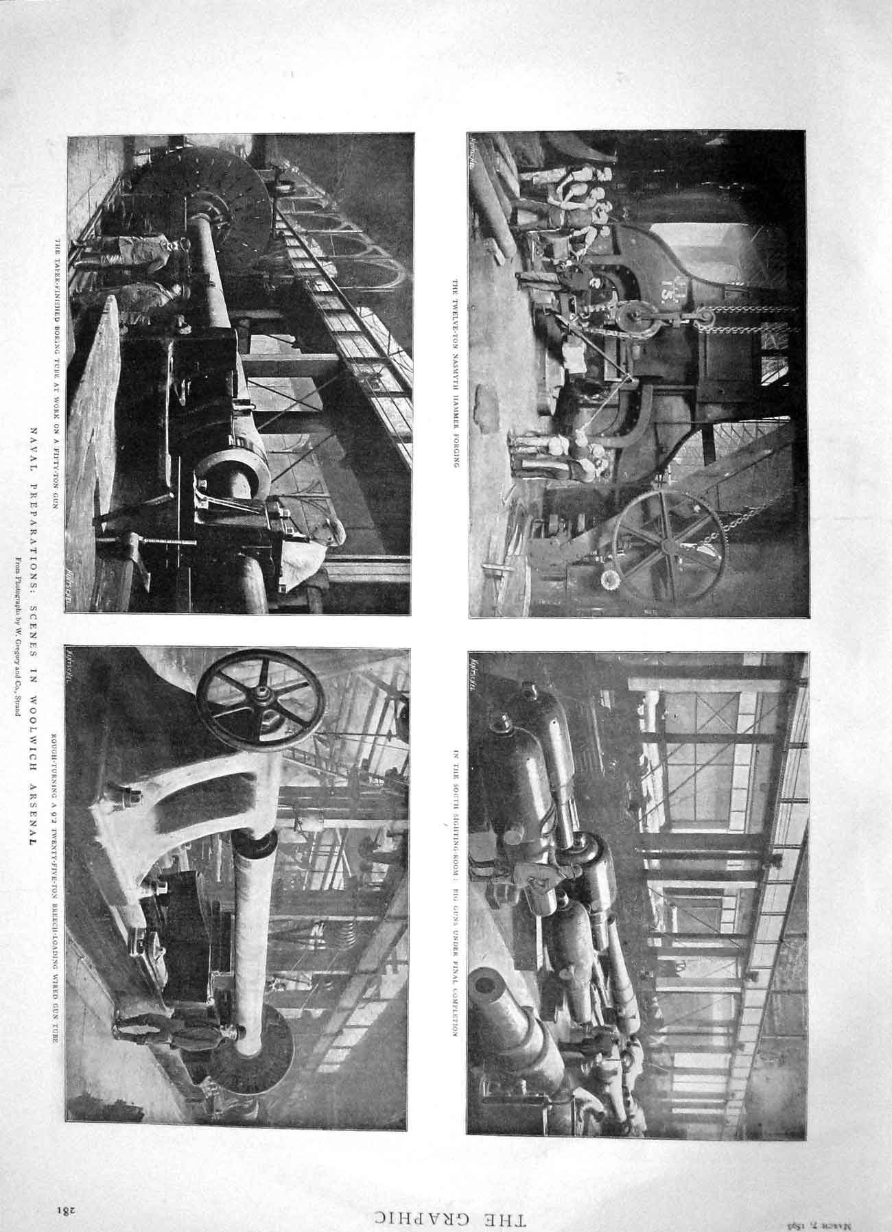 Original Old Antique Print 1896 Woolwich Arsenal Nasmyth Hammer Big Gun Navy