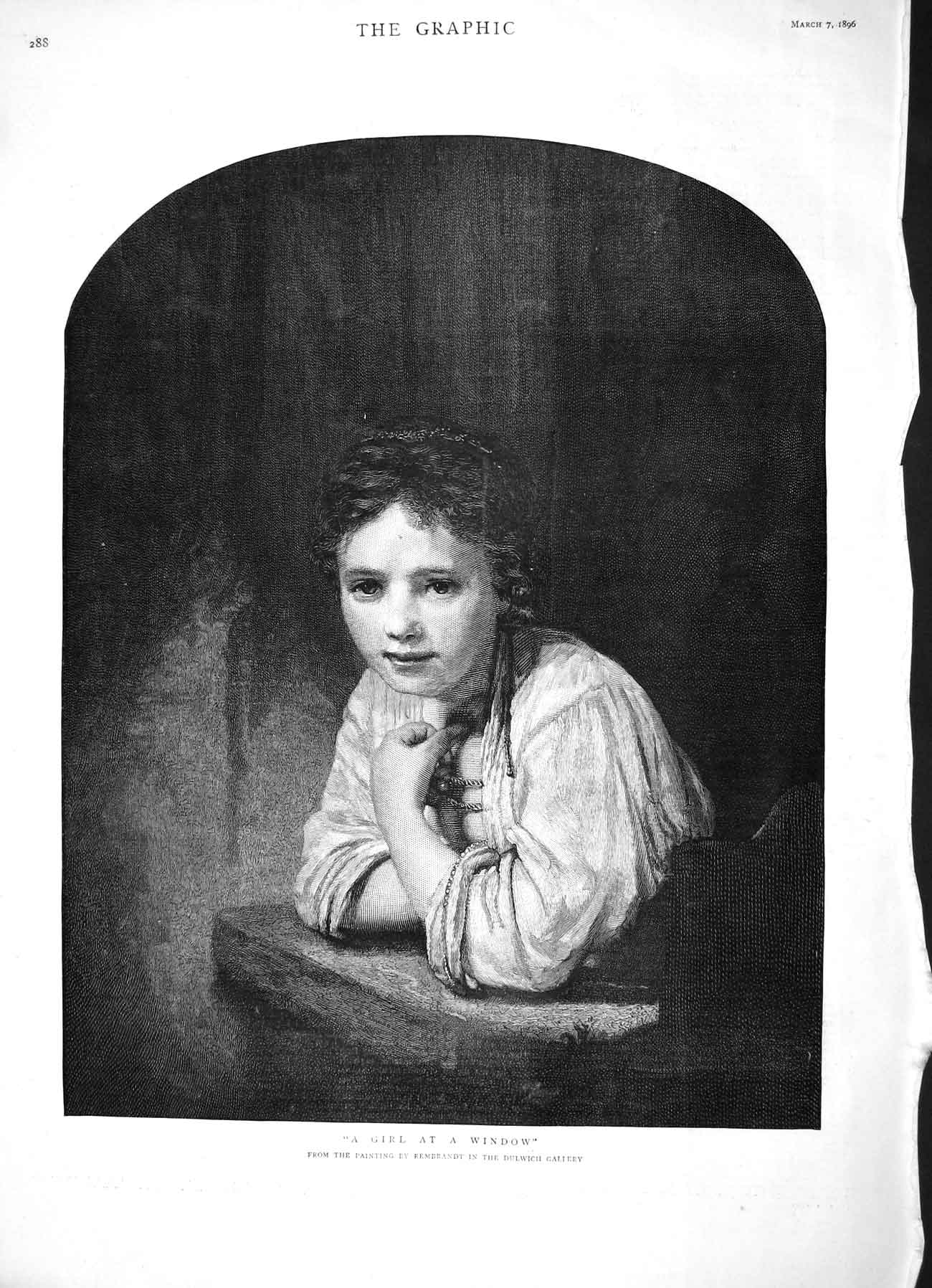 Original Old Antique Print 1896 Portrait Beautiful Girl Window Rembrandt 19th