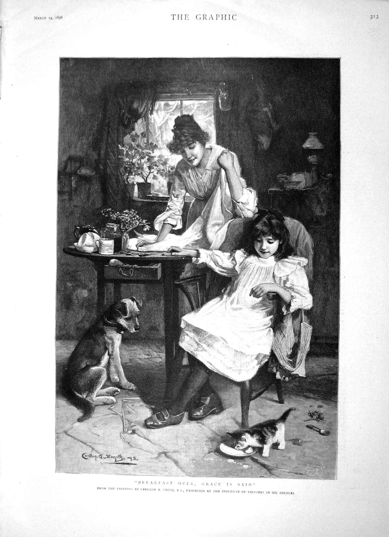 Original Old Antique Print 1896 Breakfast Scene Mother Little Girl Kitten Dog