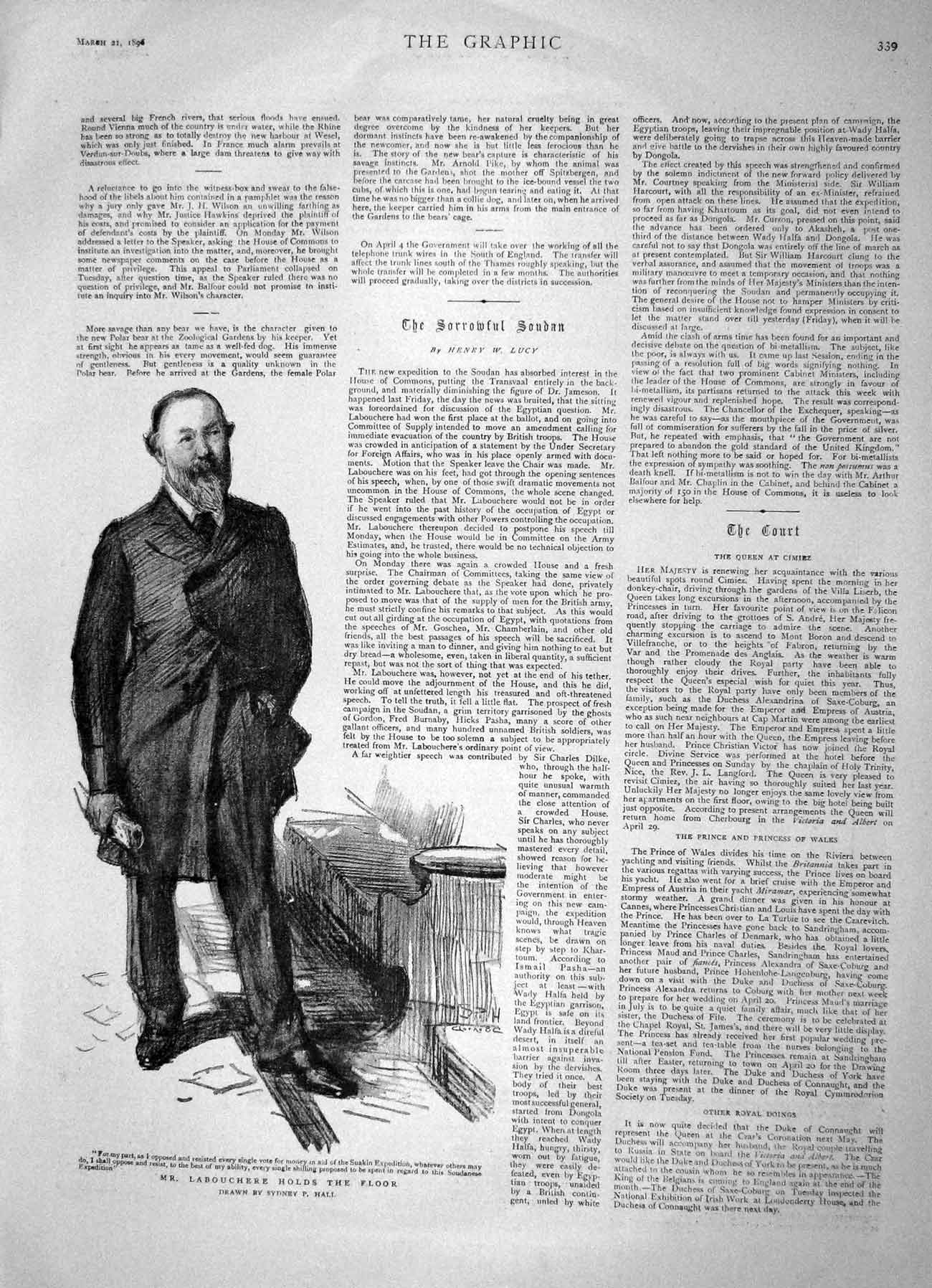 Original Old Antique Print 1896 Portrait Labouchere Queen Riviera Hotel Cimiez