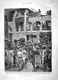 Original Old Antique Print 1896 Rain Gambling House Calcutta India Courtyard