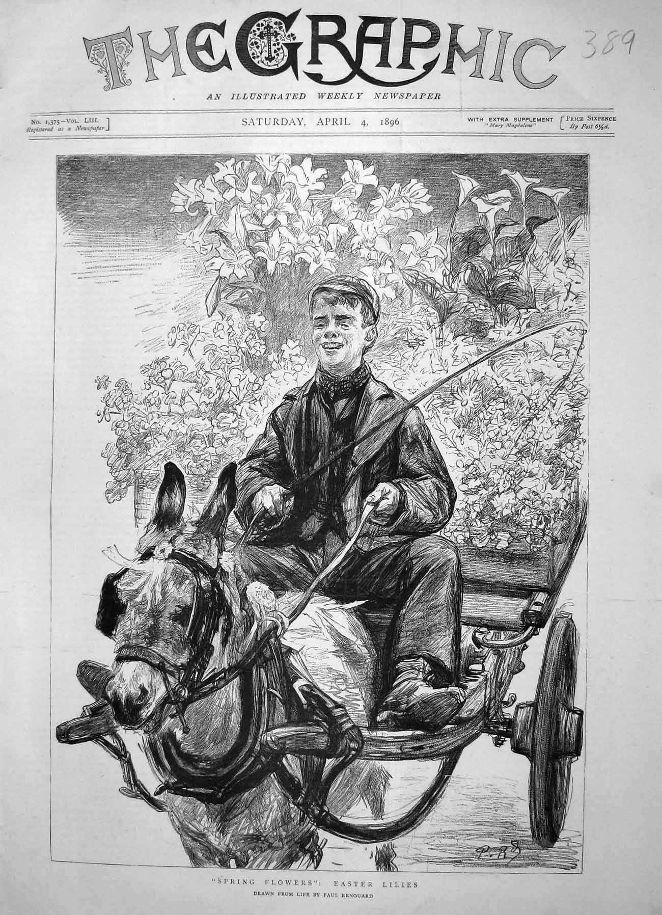 Original Old Antique Print 1896 Spring Flowers Easter Lilies Boy Cart Donkey
