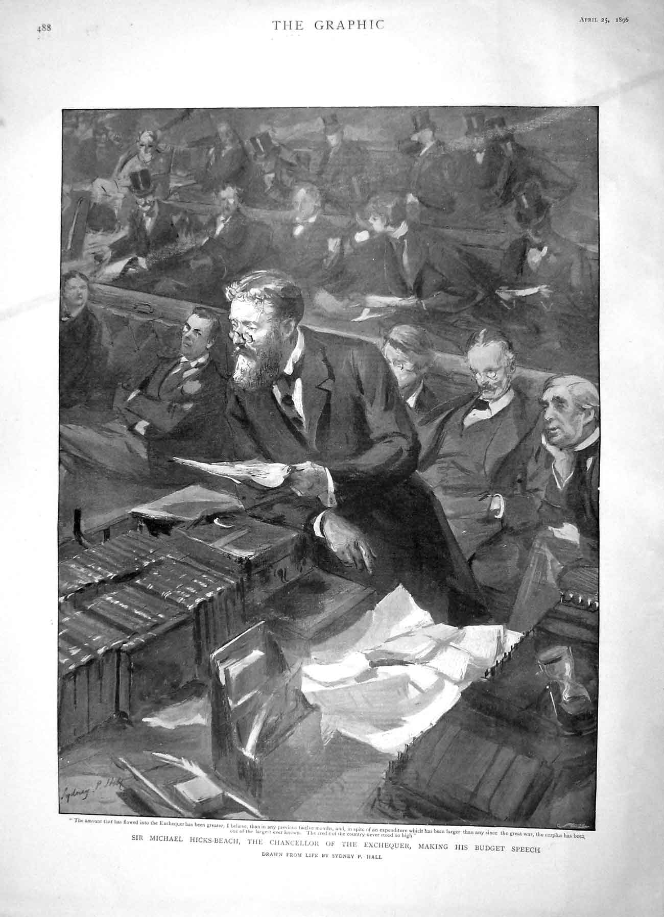 Original Old Antique Print 1896 Michael Hicks-Beach Chancellor Exchequer Budget
