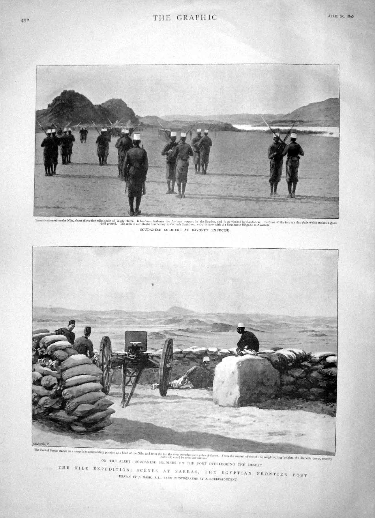 Original Old Antique Print 1896 Soudanese Siers Bayonet Exercise Nile Sarras