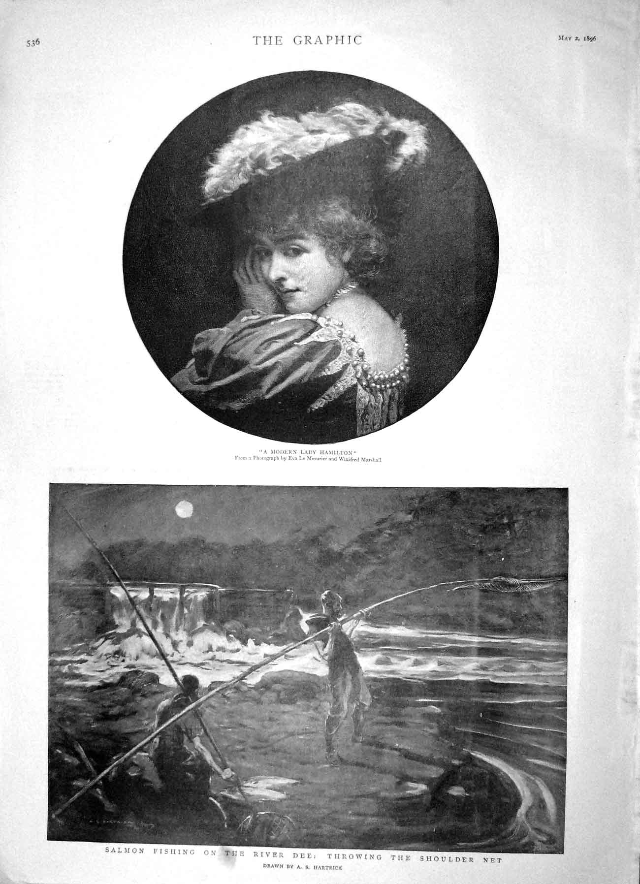 Old Antique Print 1896 Modern Lady Hamilton Salmon Fishing River Dee Net 19th