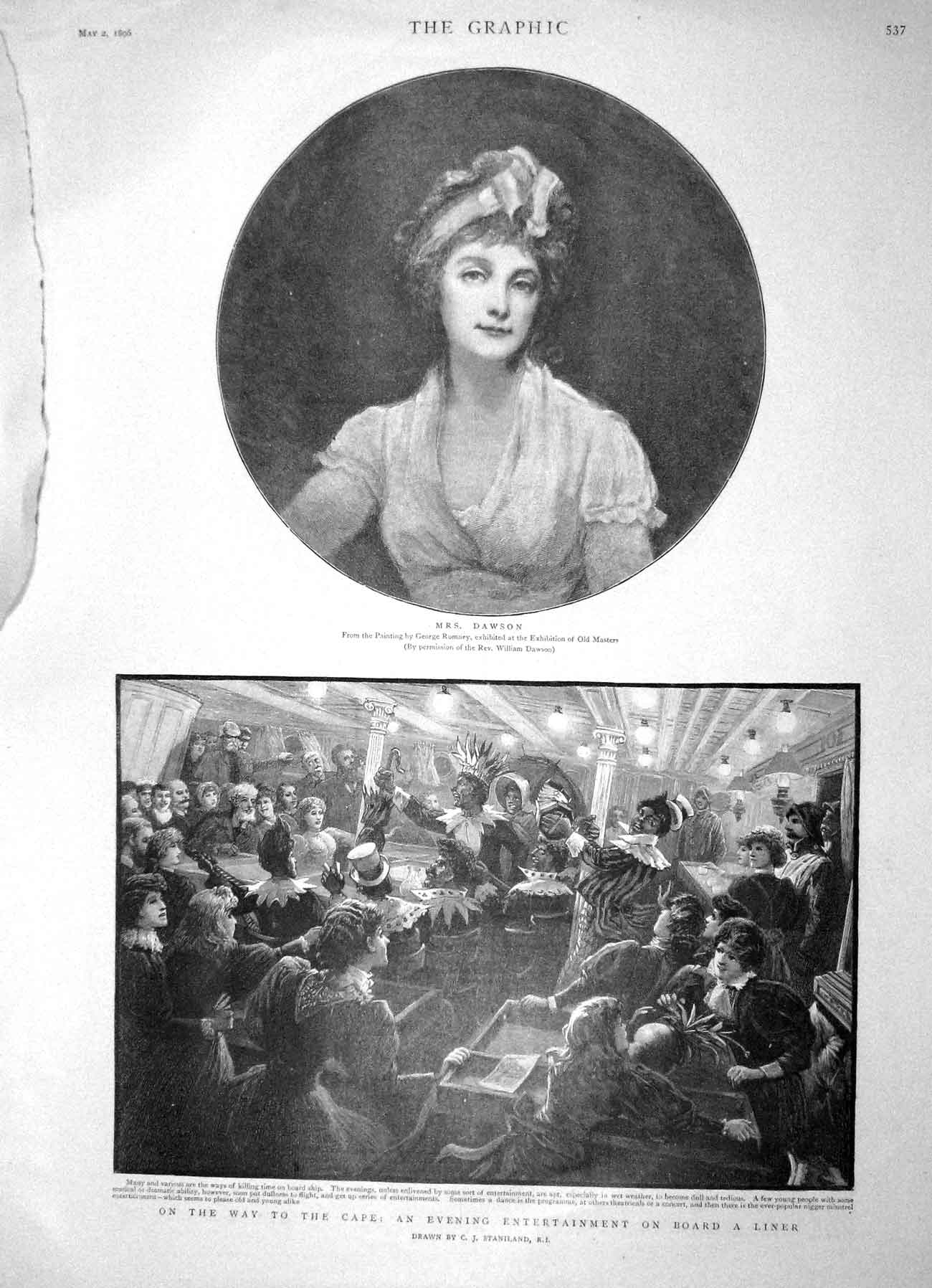 Old Antique Print 1896 Portrait Dawson Evening Entertainment Liner Ship 19th