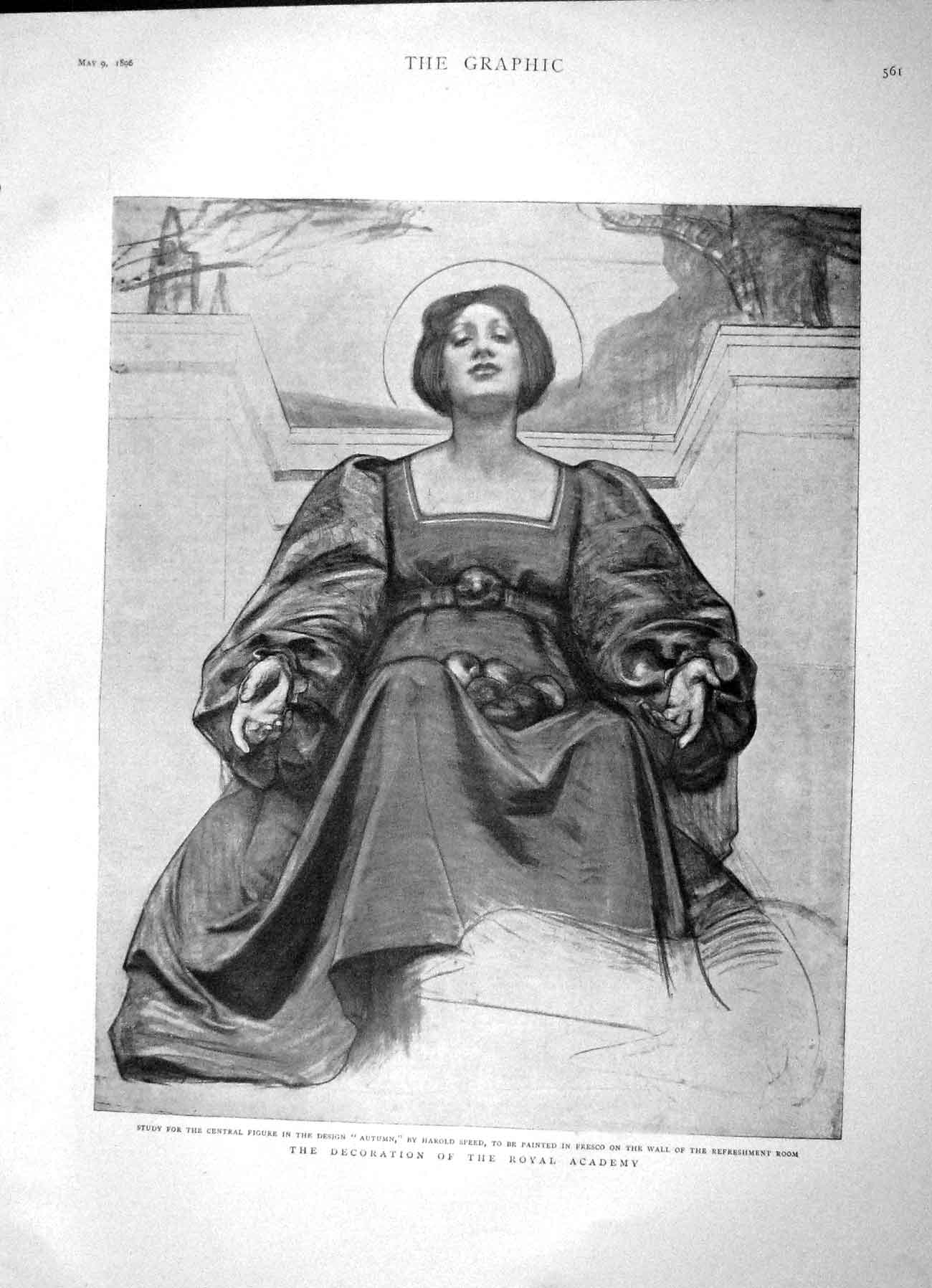 Original Old Antique Print 1896 Decoration Royal Academy Autumn HarSpeed 19th