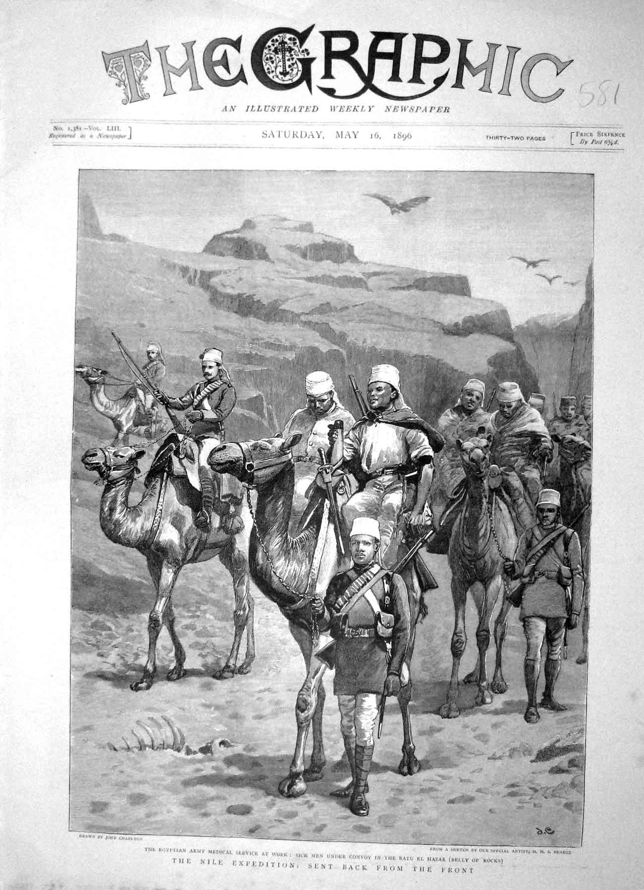 Original Old Antique Print 1896 Nile Egyptian Army Medical Service Hazar Camels