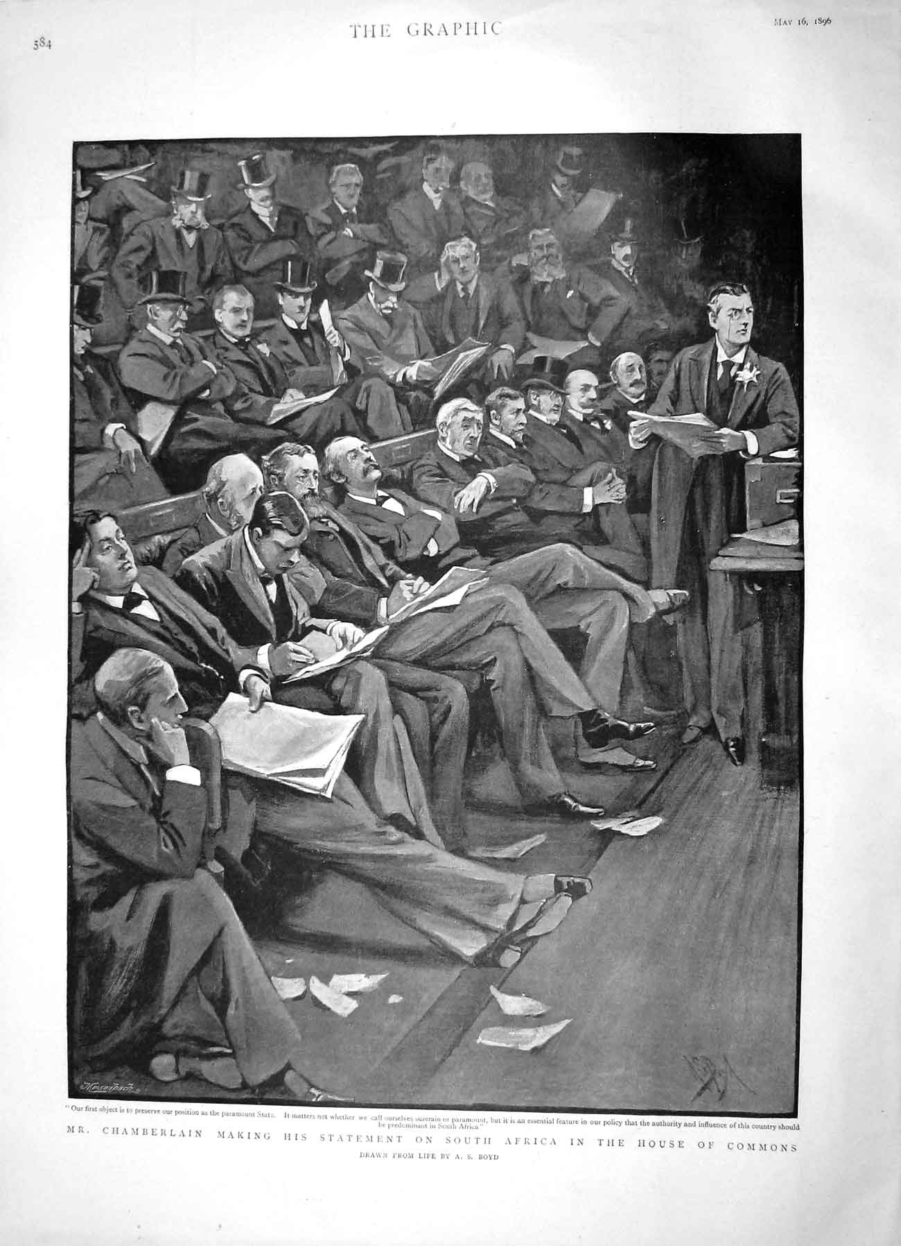 Old Antique Print 1896 Chamberlain South Africa Statement House Commons 19th