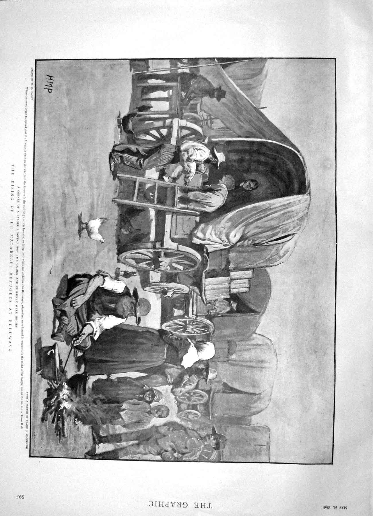 Original Old Antique Print 1896 Matabele Refugees Buluwayo Laager Waggons 19th