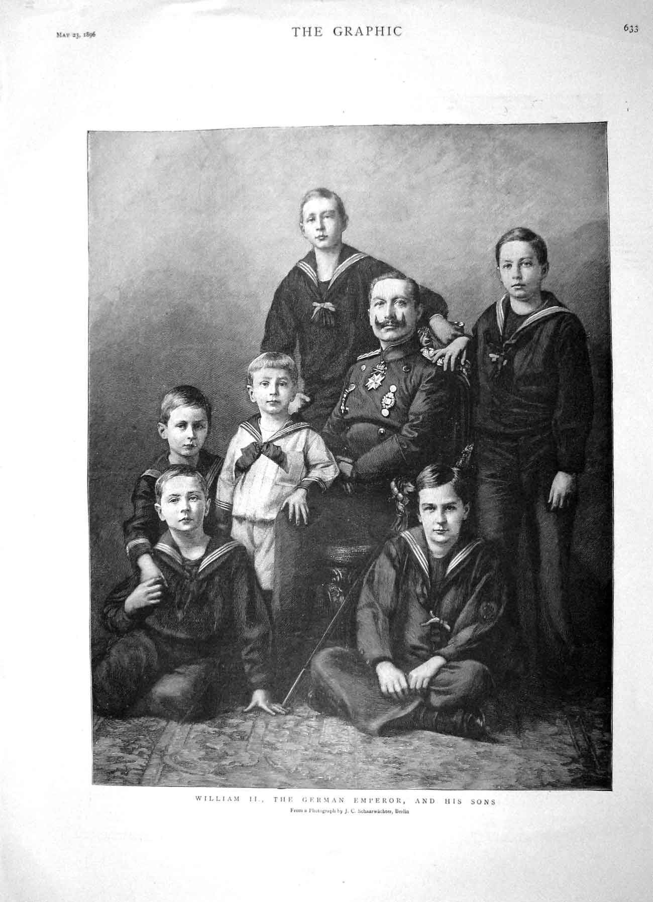 Original Old Antique Print 1896 Portrait William German Emperor Sons Family