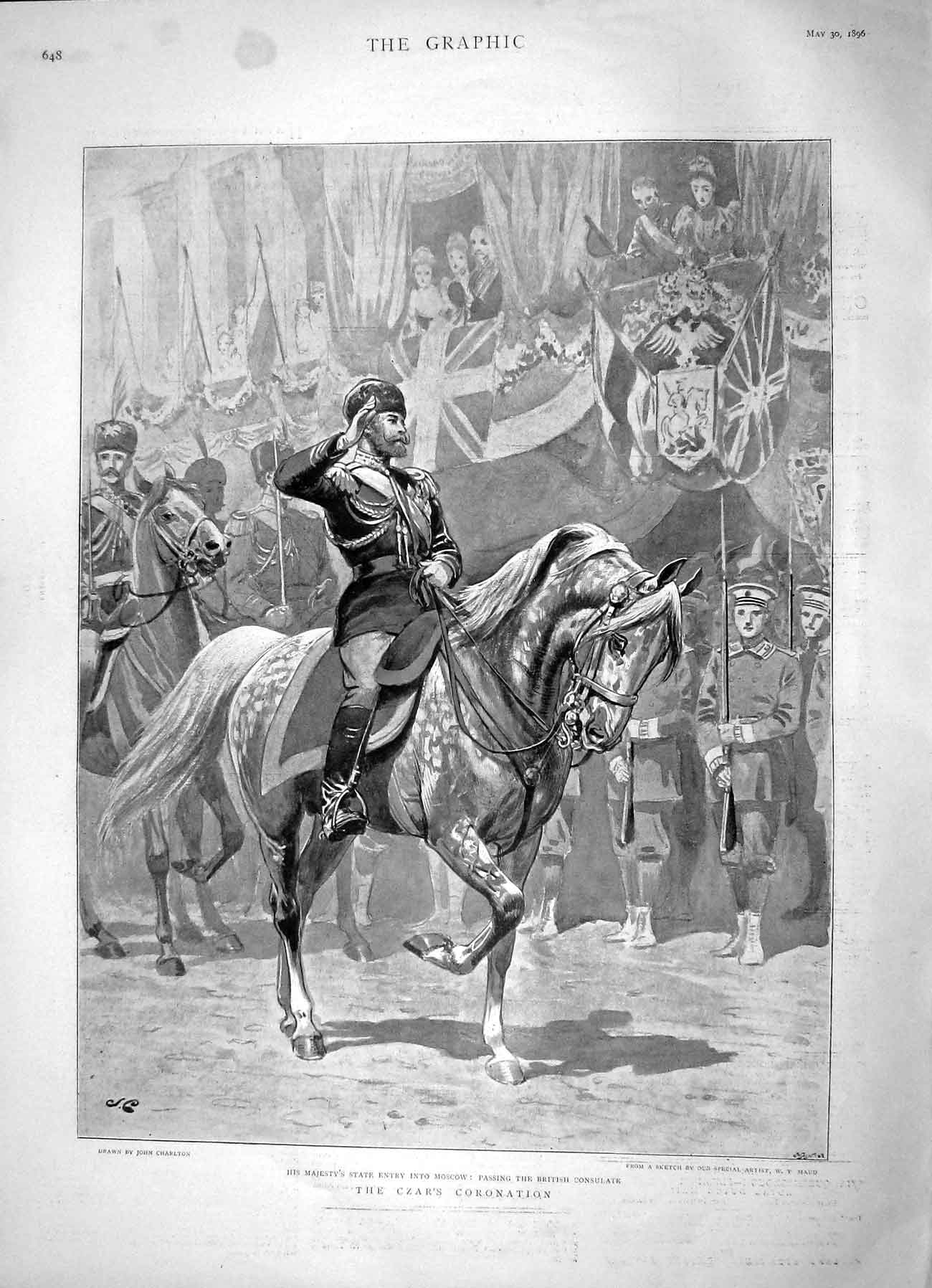 Original Old Antique Print 1896 Czar Coronation Moscow British Consulate Horse