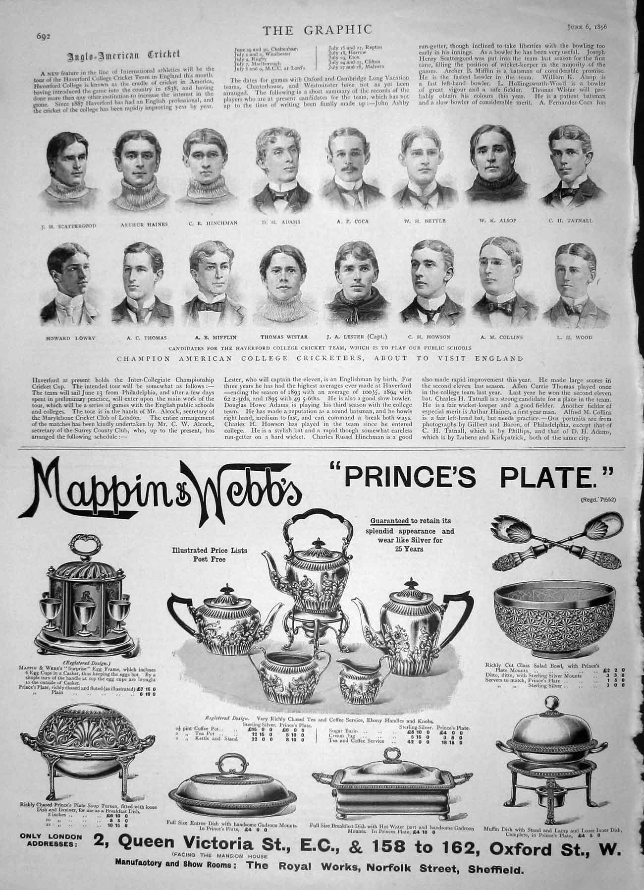 Original Old Antique Print 1896 American Cricketers Adams Howson Collins Wood