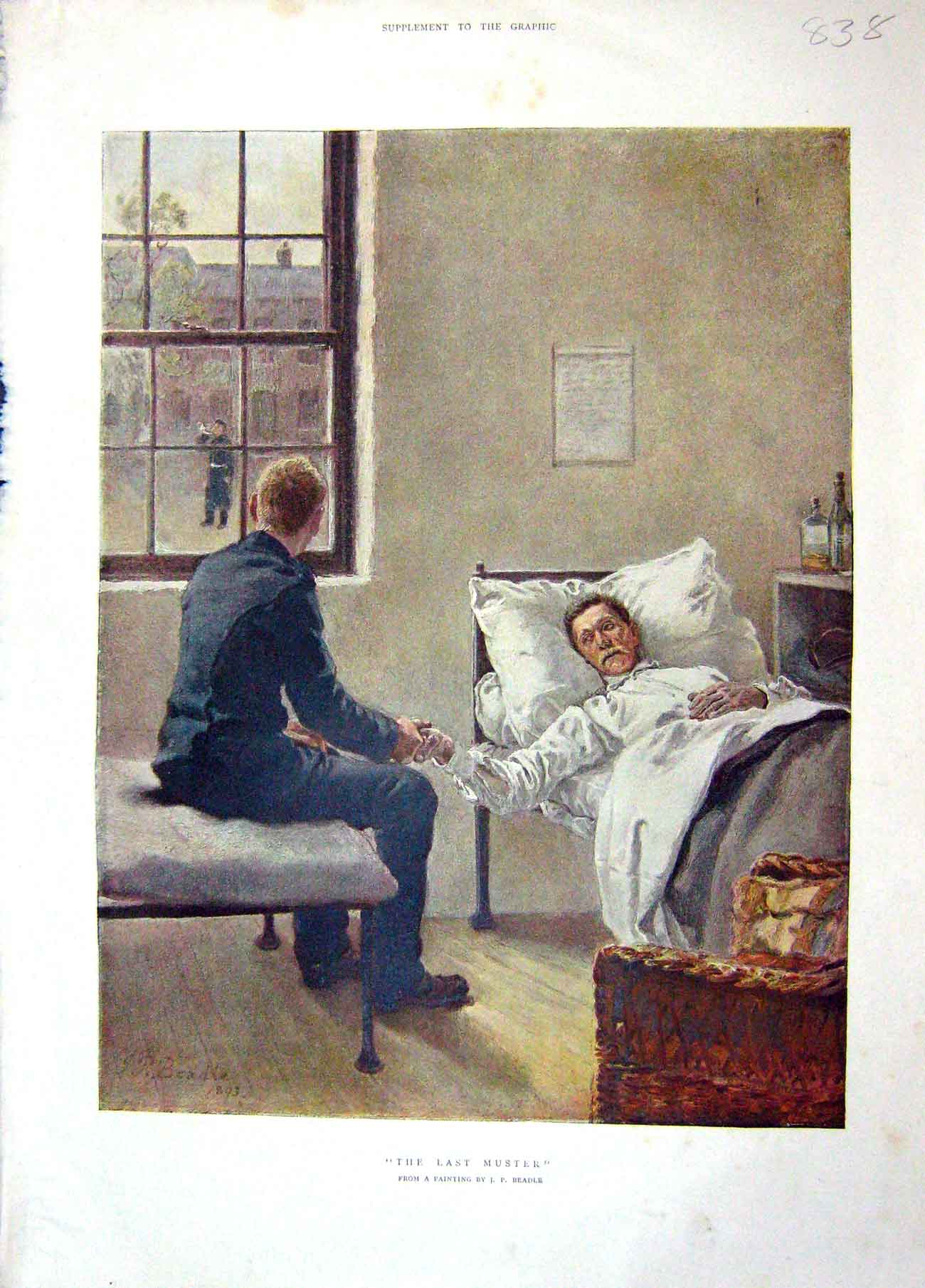 Original Old Antique Print 1896 Colour Last Muster Dying Man Bed Sier Victorian