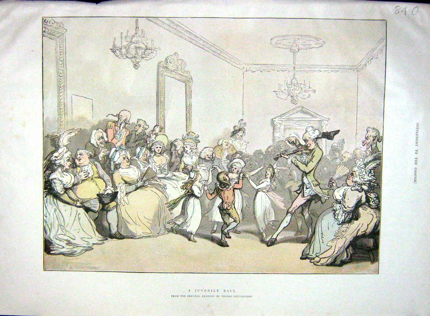 Original Old Antique Print 1896 Juvenille Ball Children Dancing Music Colour