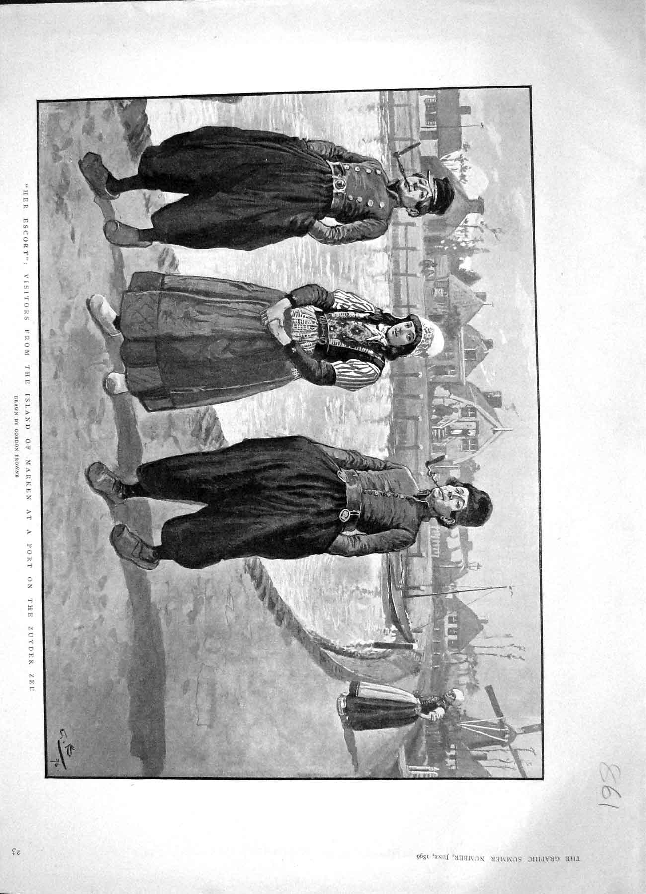 Original Old Antique Print 1896 Visitors Island Marken Port Zuyder Zee Browne