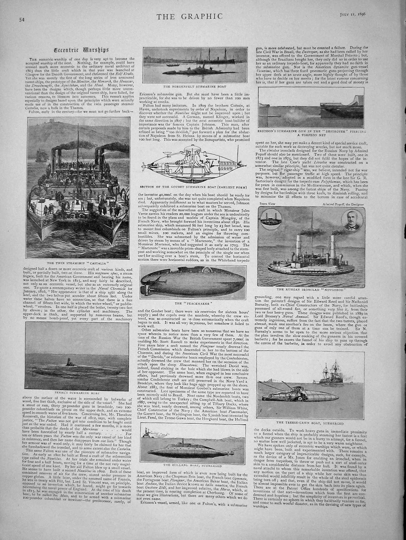 Old Antique Print 1896 War Ships Castalia Peacemaker Holland Lucerne Tour 19th