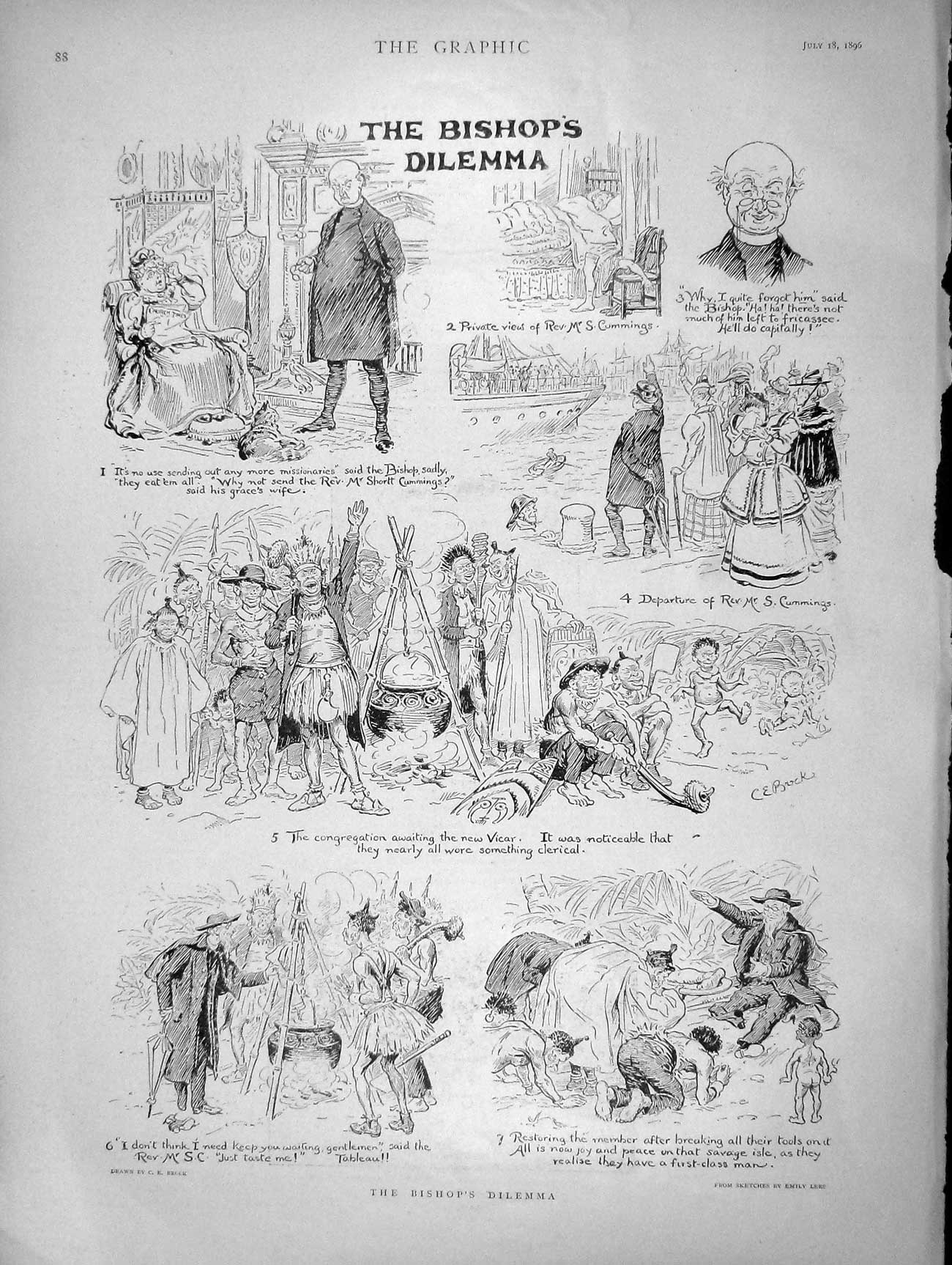 Original Old Antique Print 1896 Illustration Story Bishop'S Dilemma Cummings