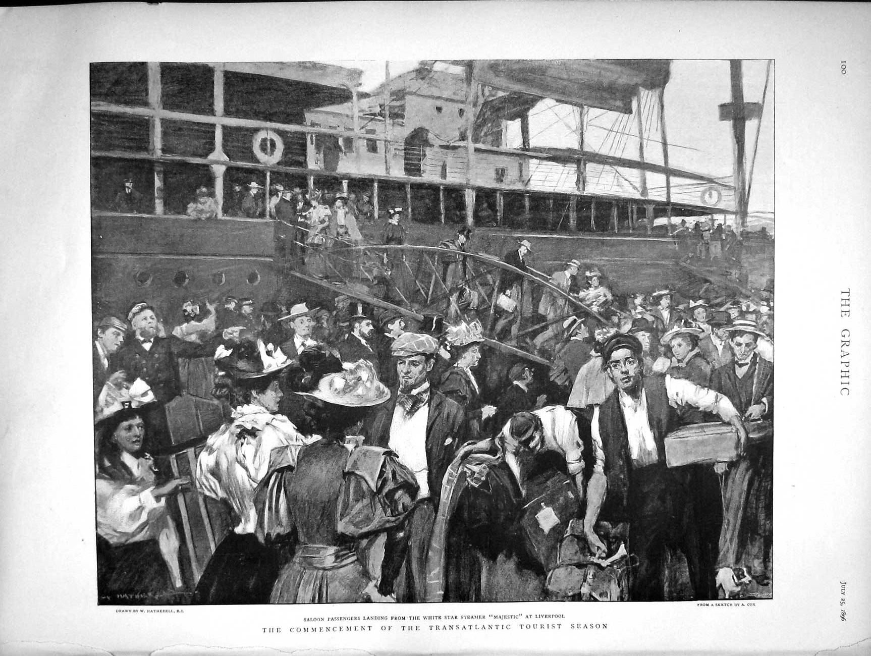 Original Old Antique Print 1896 Saloon Passengers Star Ship Majestic Li 19th