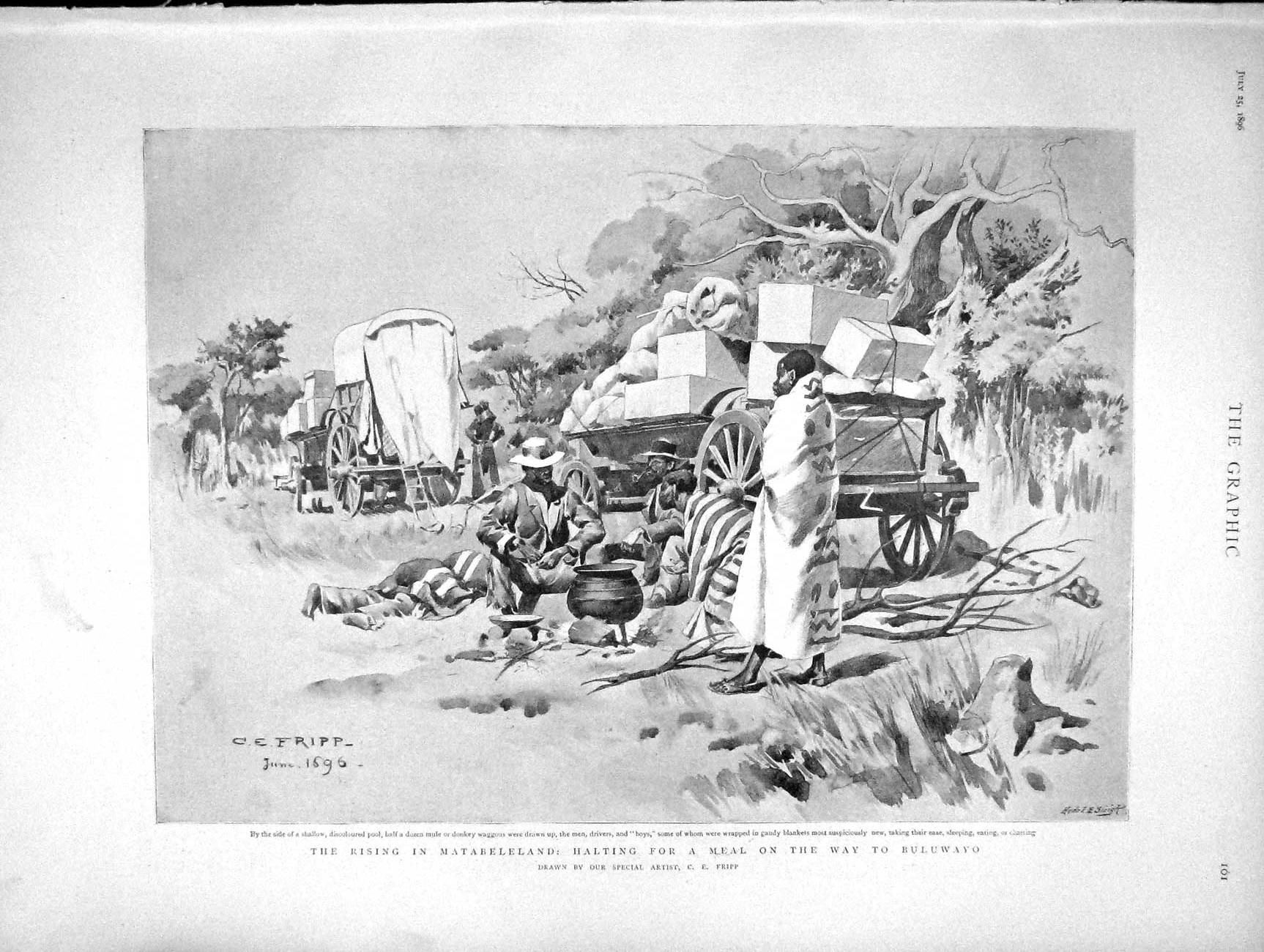 Original Old Antique Print 1896 Matabeleland Donkey Waggons Natives Buluwayo