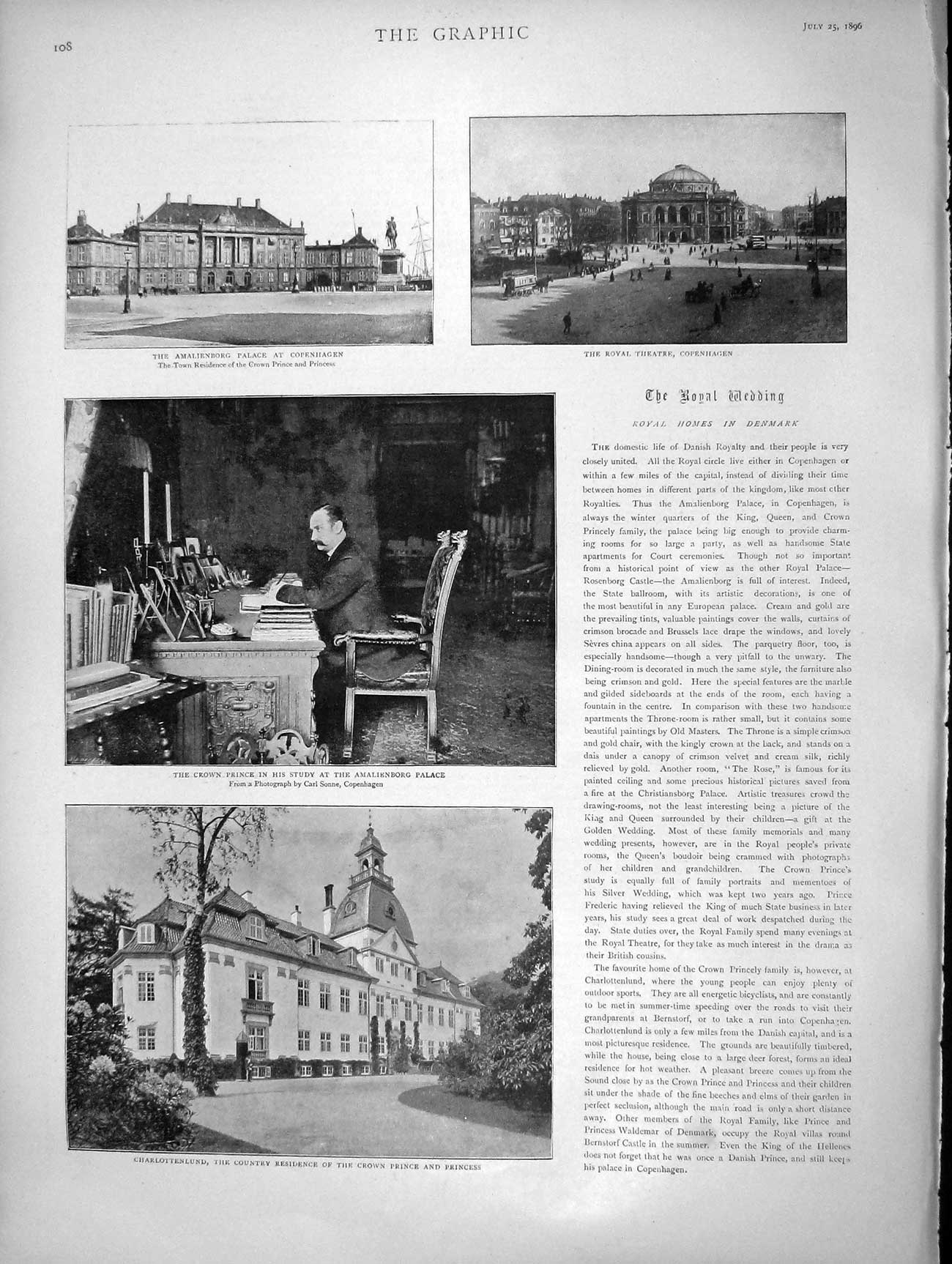Original Old Antique Print 1896 Theatre Copenhagen Prince Charlottenlund Palace