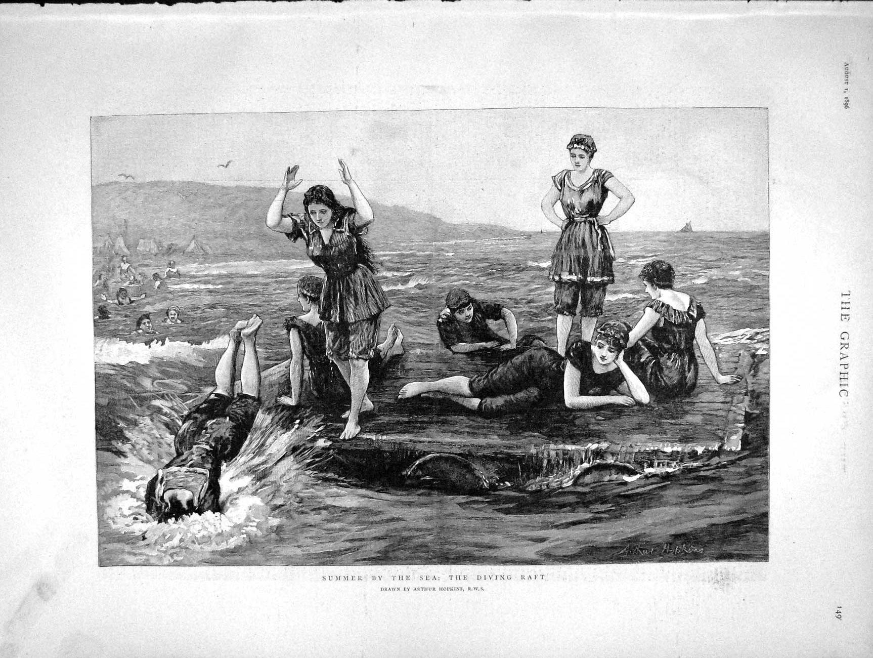 Original Old Antique Print 1896 Sea Raft Diving Matterhorn Mountain Climbing