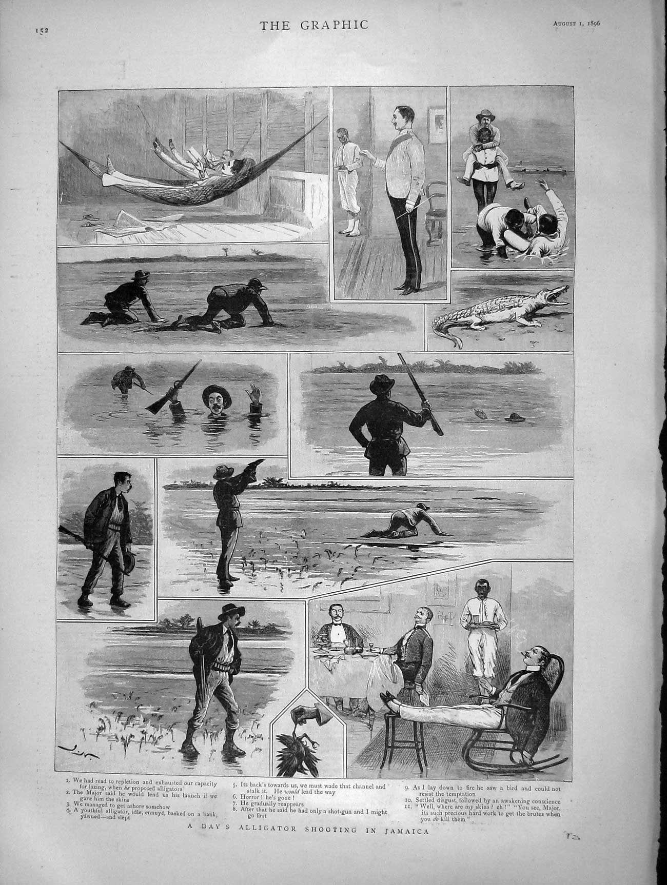 Original Old Antique Print 1896 Alligator Shooting Jamaica Matterhorn Climbers
