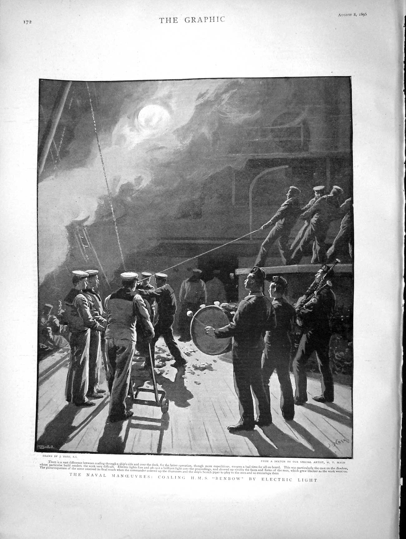 Original Old Antique Print 1896 Naval Manoeuvres Coaling Ship Benbow Electric