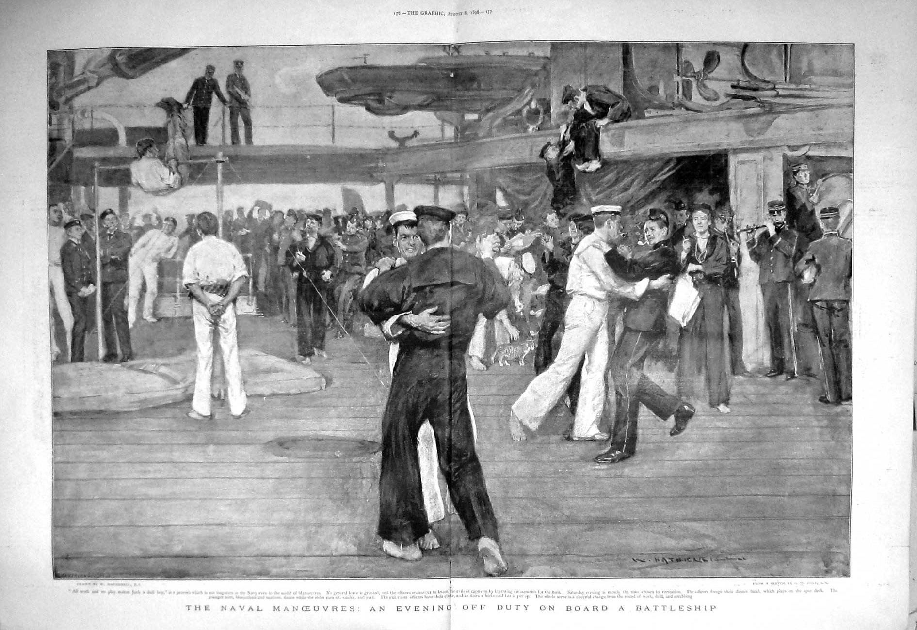 Old Antique Print 1896 Navy Manoeuvres Battle Ship Dancing Sailors War 19th