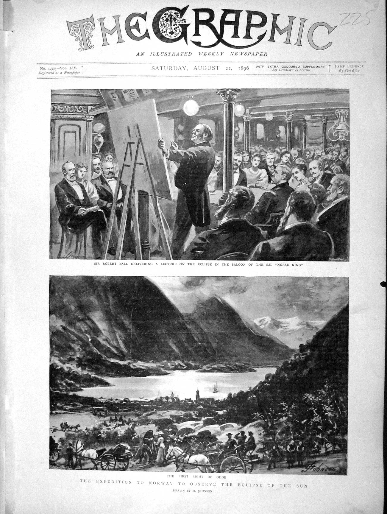Original Old Antique Print 1896 Robert Ball Eclipse Sun Norway Ship Nor 19th