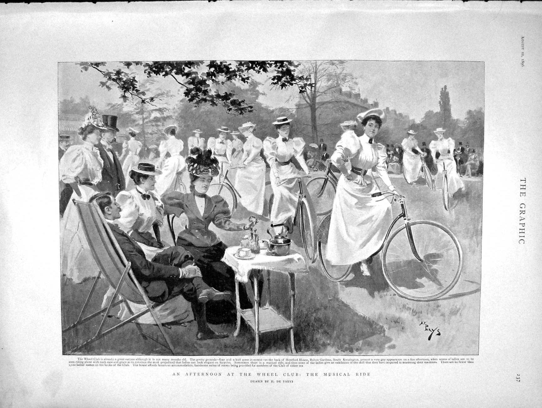 Original Old Antique Print 1896 Afternoon Scene Wheel Club Bicycle Musical Ride