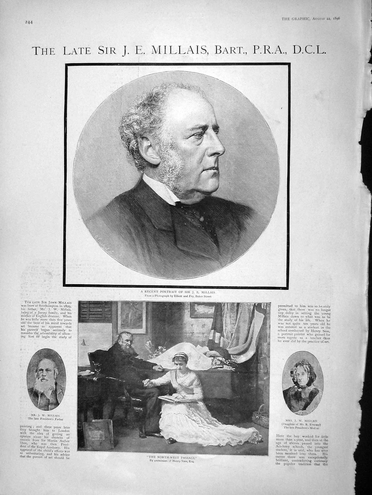 Original Old Antique Print 1896 Portrait Sir John Millais Artist Southampton