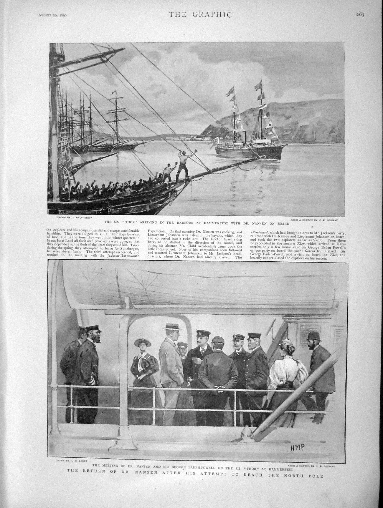 Old Antique Print 1896 Ship Thor Hammerfest Nansen Baden-Powell Shikari 19th
