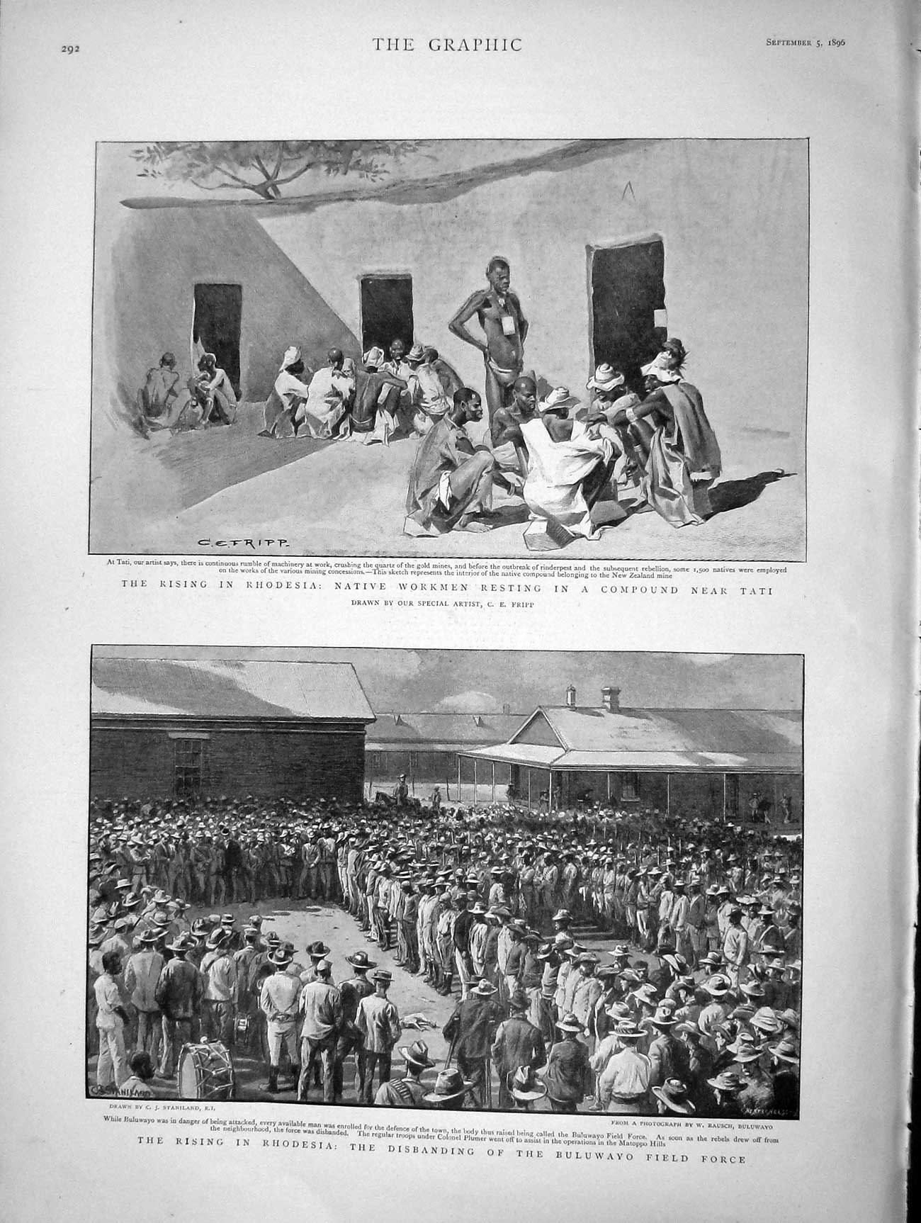 Original Old Antique Print 1896 Rhodesia Buluwayo Field Force War Tati Workmen
