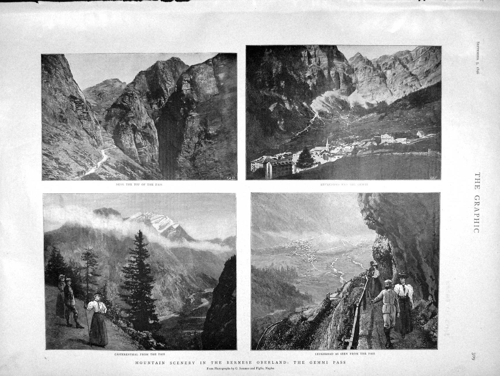 Old Antique Print 1896 Bernese Oberland Gemmi Pass Leukerbad Casterenthal 19th