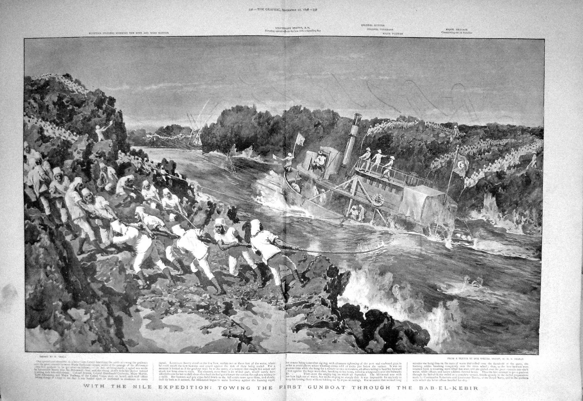 Original Old Antique Print 1896 War Nile Gunboat Bab-El-Kebir Beatty Wad 19th