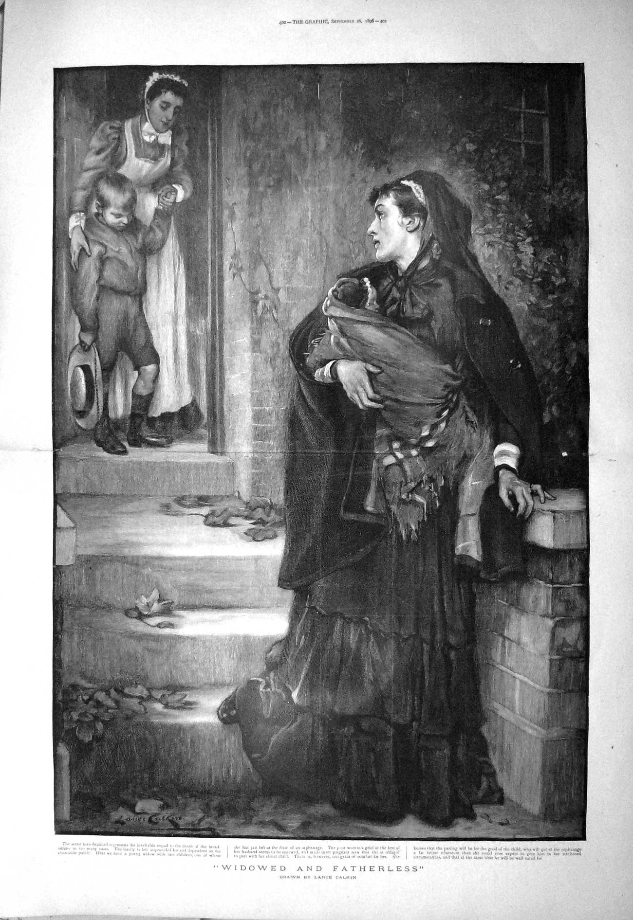Original Old Antique Print 1896 Fine Art Widowed Fatherless Children Orphange