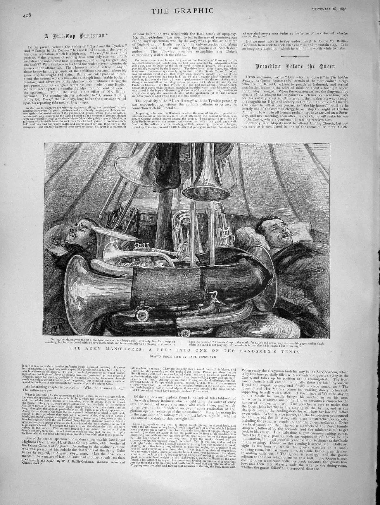 Original Old Antique Print 1896 Army Manoeuvres Bandsmen Tent Instruments 19th