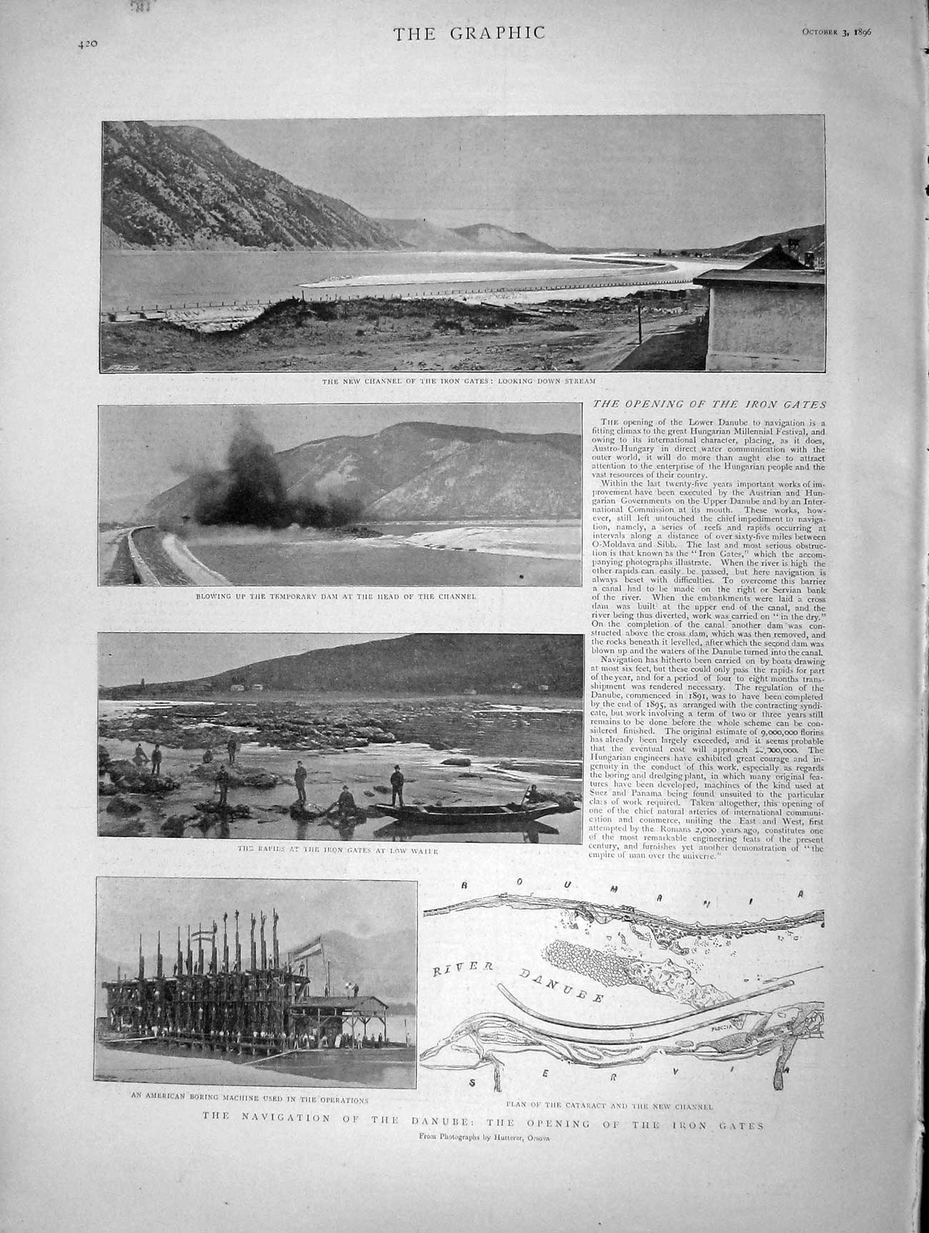 Original Old Antique Print 1896 Danube River Iron Gates American Boring Machine