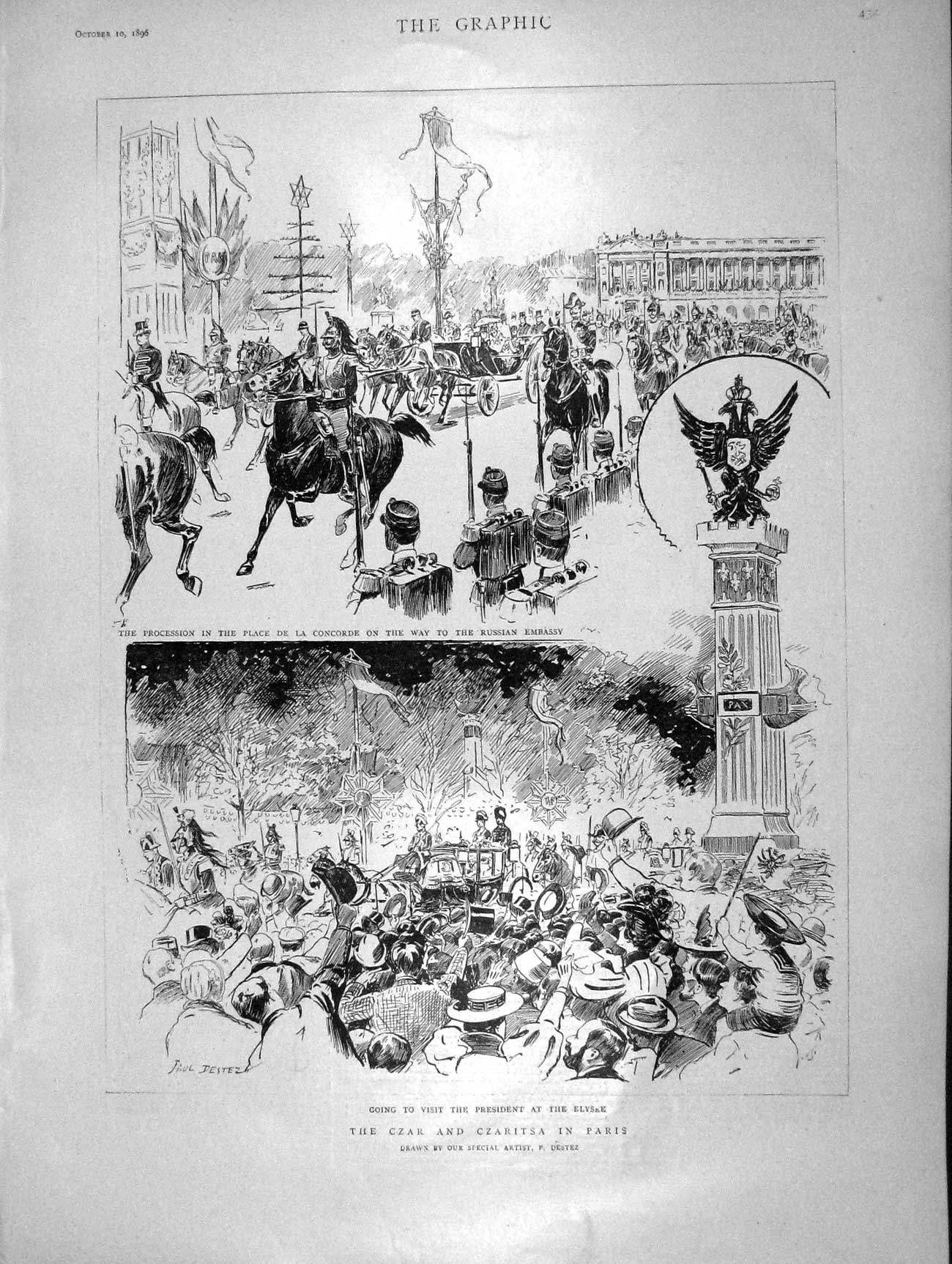 Original Old Antique Print 1896 Czar Paris Place Concorde Balmoral Queen Prince
