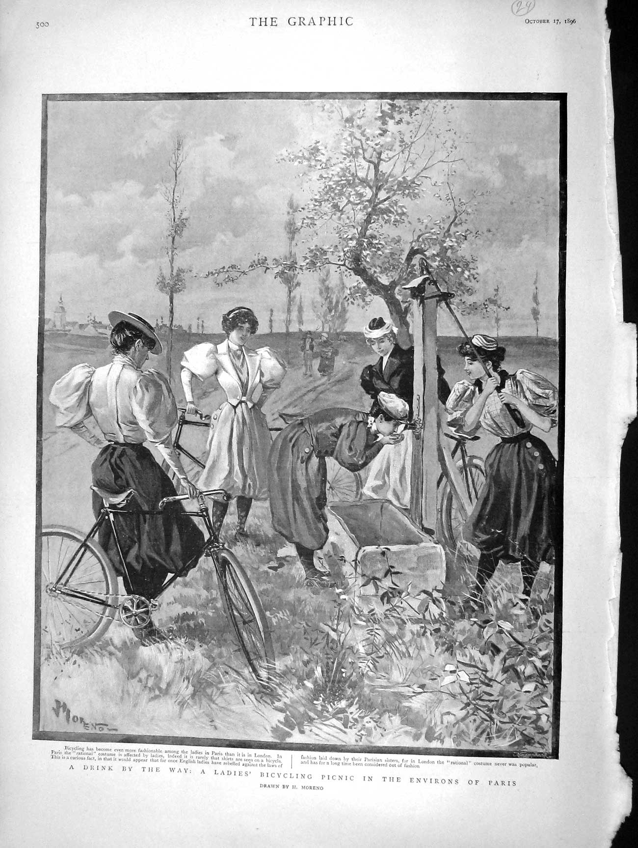 Original Old Antique Print 1896 Ladies Bicycling Picnic Paris France Wat 19th