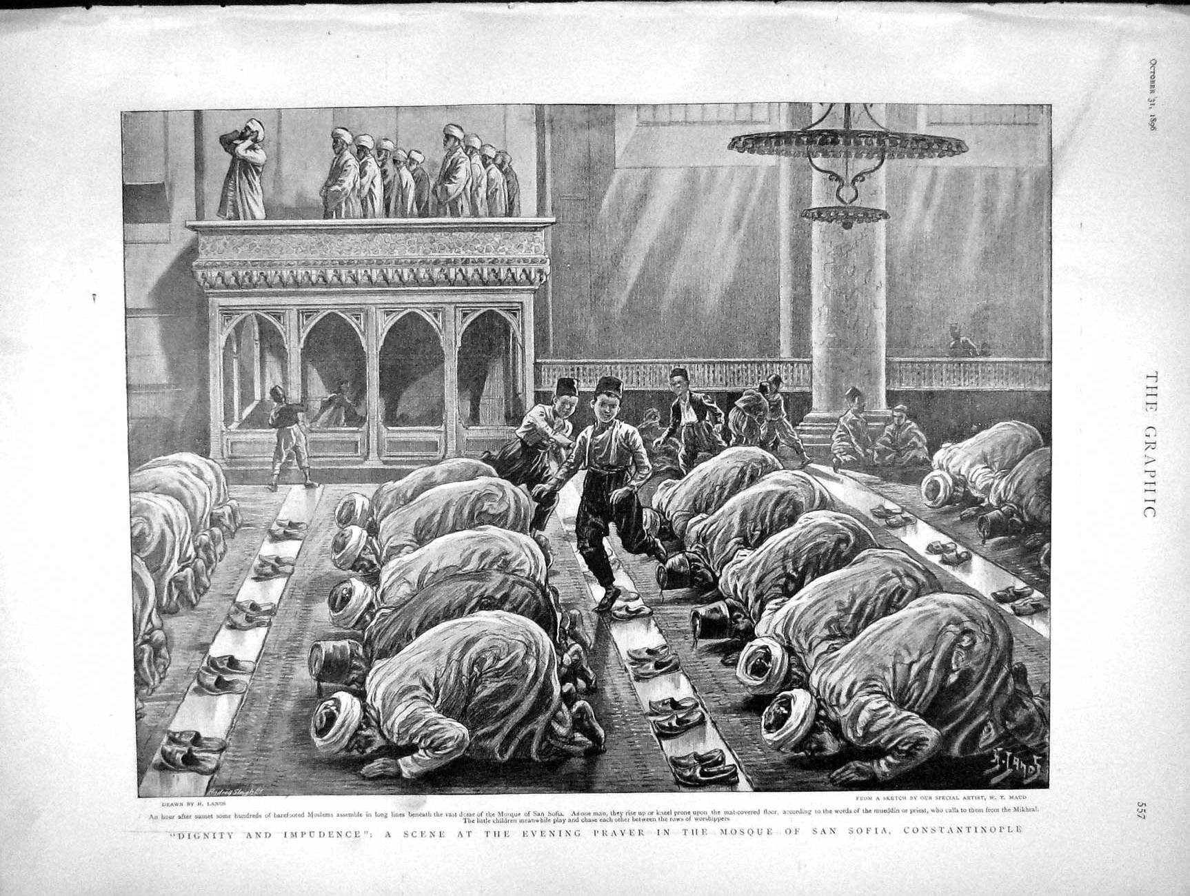 Original Old Antique Print 1896 Evening Prayer Mosque San Sofia Constantinople